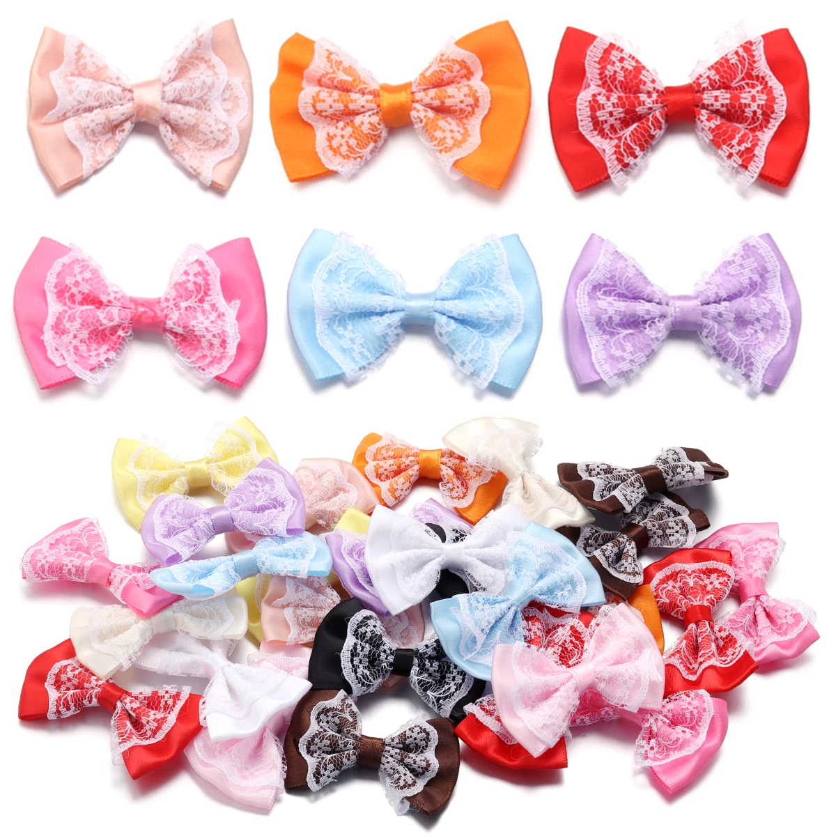 20pcs/lot Polyester Lace Satin Ribbon Bows Colored Double Layer Bowknot Flower For DIY Hand Sewing Garment Headwear Decoration