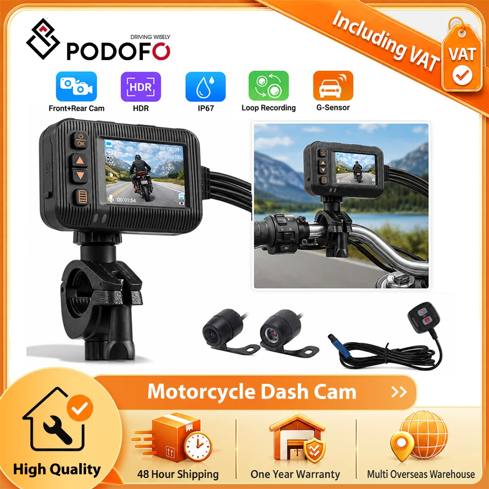 Podofo: telecamera per moto con registrazione audio, sistema DVR per moto con monitoraggio del parcheggio, telecamera anteriore e posteriore da 2 pollici.