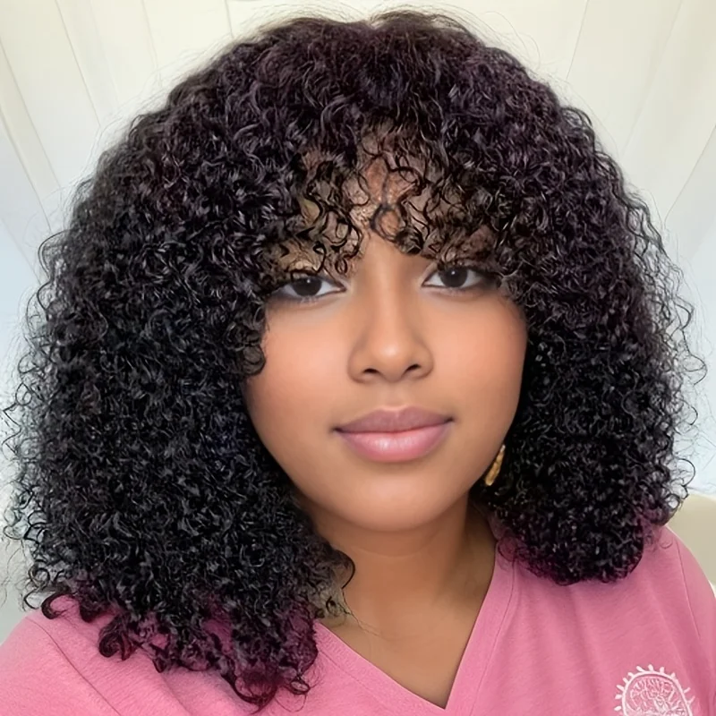 قصيرة بوب الأفرو غريب مجعد 100% خصلات الشعر المستعار الإنسان مع الانفجارات البرازيلي شعر ريمي شعر مستعار أسود طبيعي للنساء