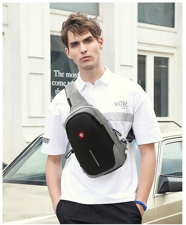 SWISS New Men\'s Casual Chest Bag Sports Waterproof Shoulder Bag Anti-theft Crossbody Bag Fashion Solid Color Usb Bag Sling Pack