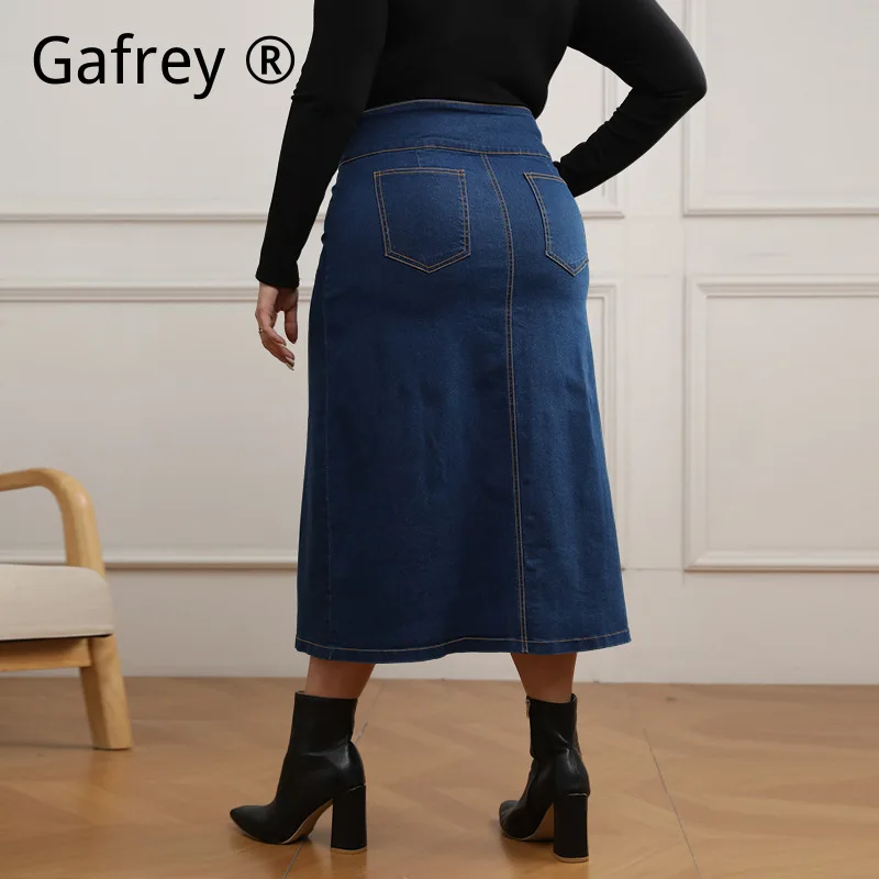Plus Size High Waist Button Front Denim Jean Skirt Decorative Pocket Casual Loose Fit A Line Midi Oversize Jean Skirt 2026 New view 3