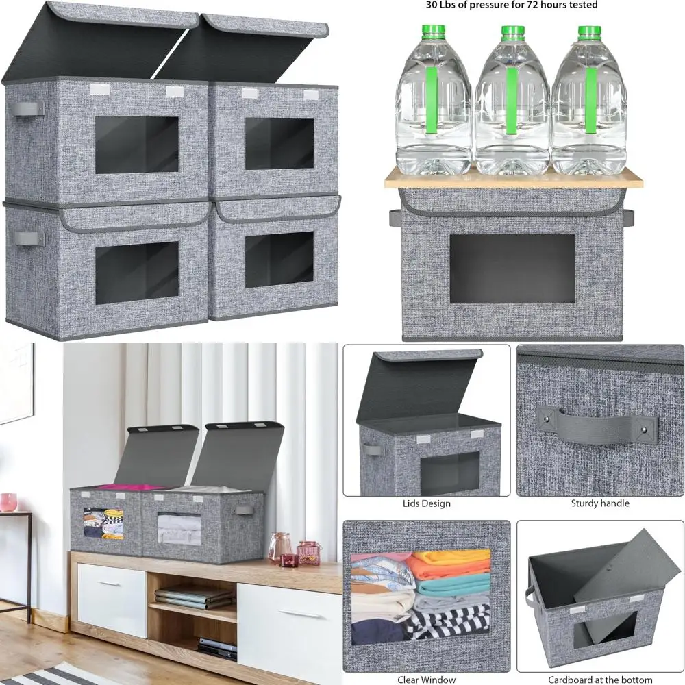 

Складные коробки для хранения из ткани Univivi [4-упаковка] Большие складные штабелируемые контейнеры для хранения с крышками, органайзерами для шкафов и хранения