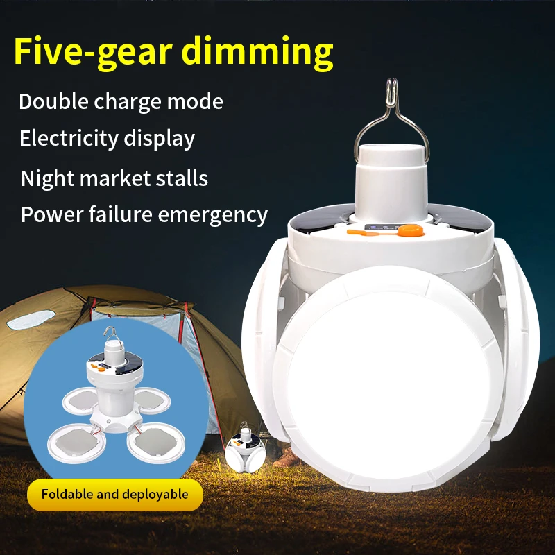 Solar Outdoor Folding Light Portable USB Rechargeable LED Bulb Search Lights Camping Torch Emergency Lamp for Power Outages