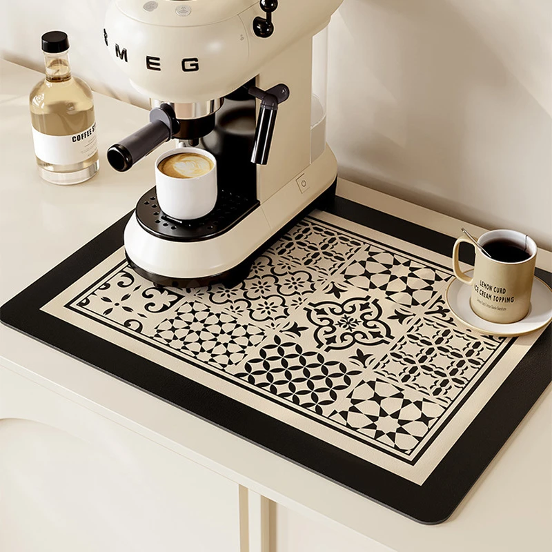 VIKAMA Kitchen Drain Mat Khaki Teapot Wonderful Life Print Kitchen Counter Mat Highly Absorbent Fast Drying Anti Skid Flexible