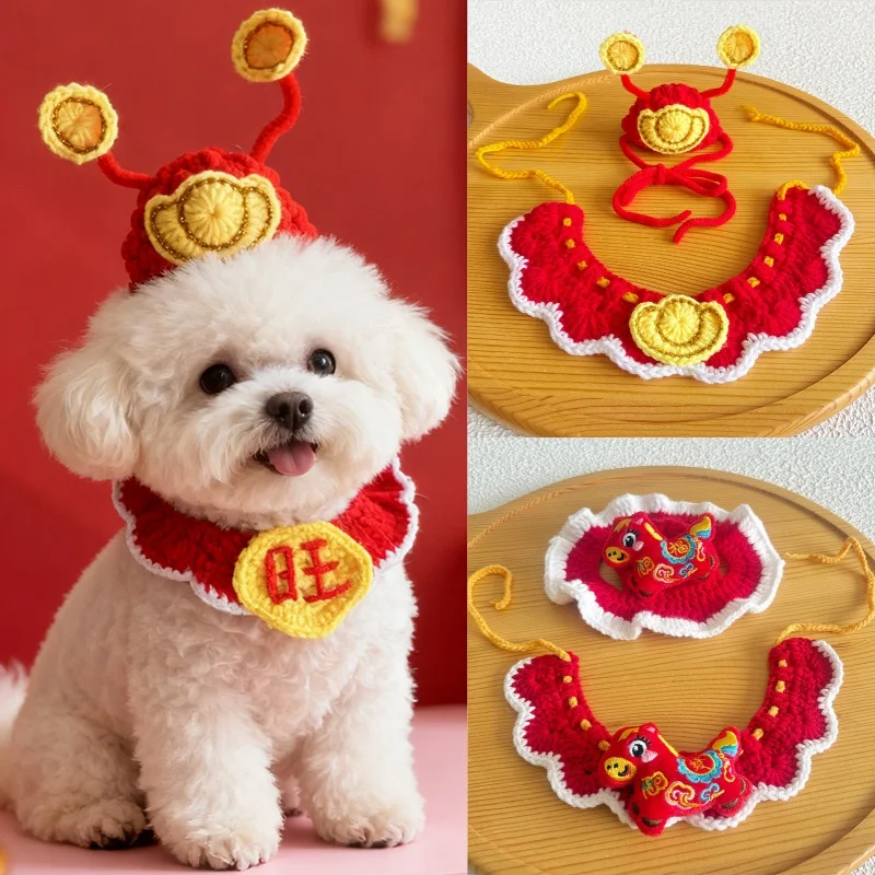 

Шерстяная шапка ручной работы для домашних животных, новогодний шарф для собаки, аксессуар, утолщенная и теплая шапка для кошек, милое новогоднее украшение для домашних животных