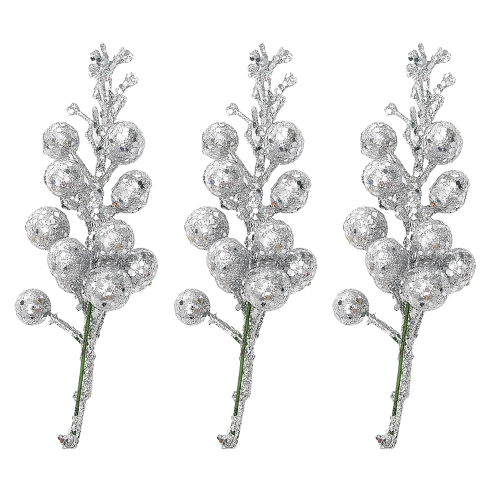 3pcs Artificial Christmas Glitter Berries Stems Xmas Tree Wreath DIY Decor Them Look Lifelike As If Covered With A Layer Of Fros