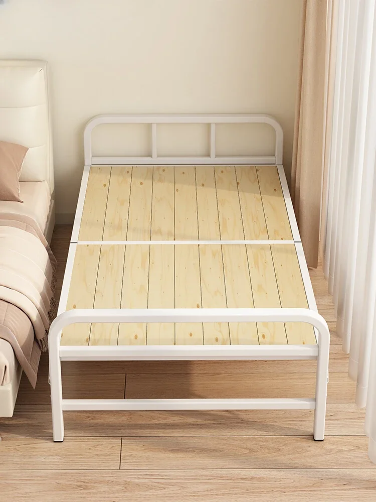 Folding single solid wood simple small bed, household nap iron frame hard board bed