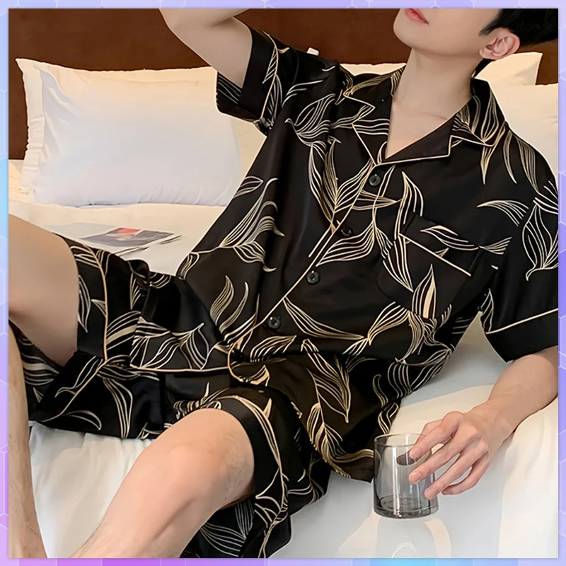 

Summer Men Ice Silk Pajamas Set Sleepwear Black Shirts Shorts Nightwear Printed Feather Smooth Solid Casual Plus Size Sets