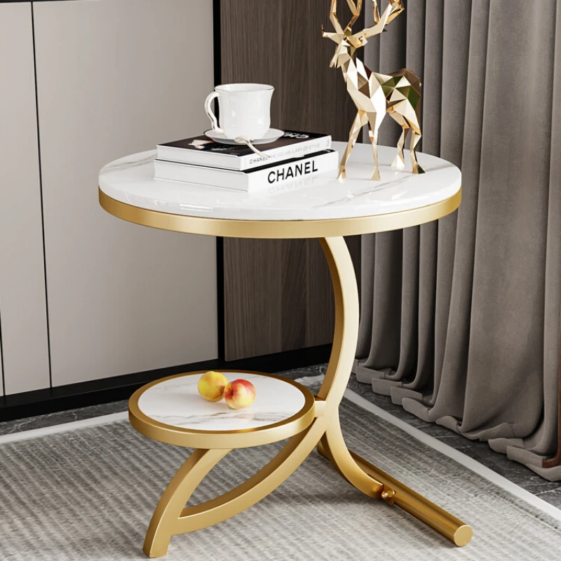 Modern 2 Tier Round End Table with Storage Shelf Faux Marble Top Gold C Shaped Legs Sofa Side Stand Decorative Accent