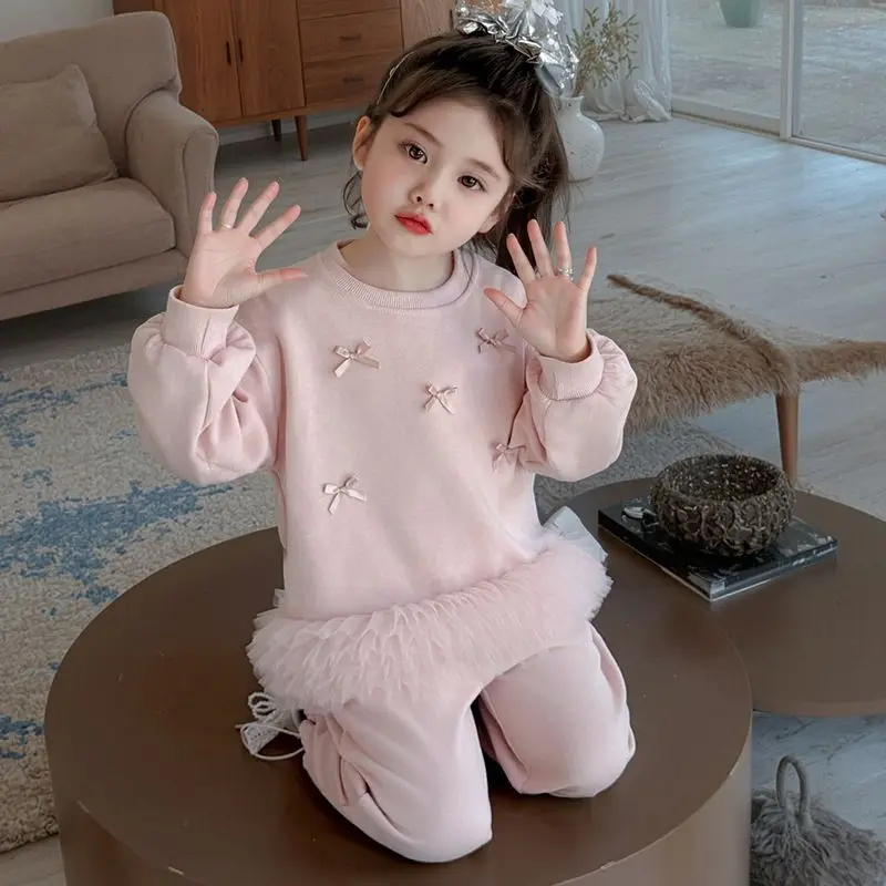 Hoodie Pants Two-piece SuitGirls Sweatshuit Clothing Set Fashion Children Princess Bow Love Decoration Spring Autumn 2025 New