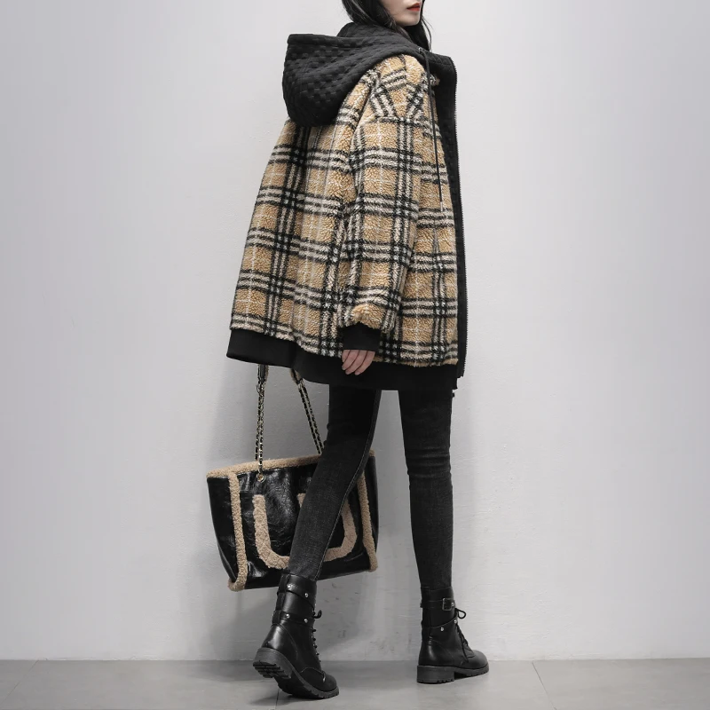 منقوشة الجسيمات Fce ort Jaet المرأة Thiened طويلة Sve مقنعين Faion التخسيس معطف فرو الضأن الشتاء تخفيف Sle