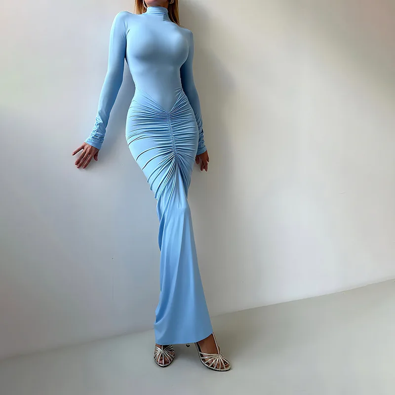 Blue Black Autumn Women Prom Dress Sexy Mermaid Full Sleeve High Neck Ruffles Long Party Gown Formal Evening Birthday Robe