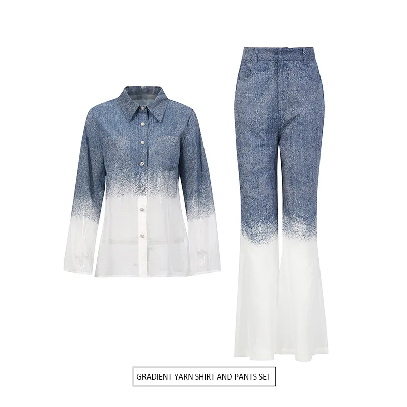 

ALPHALMODA 2025, New Fashion, Gradient, Denim Shirt, High Waist, Wide-leg Pants, Women 2pcs Trendy Suit