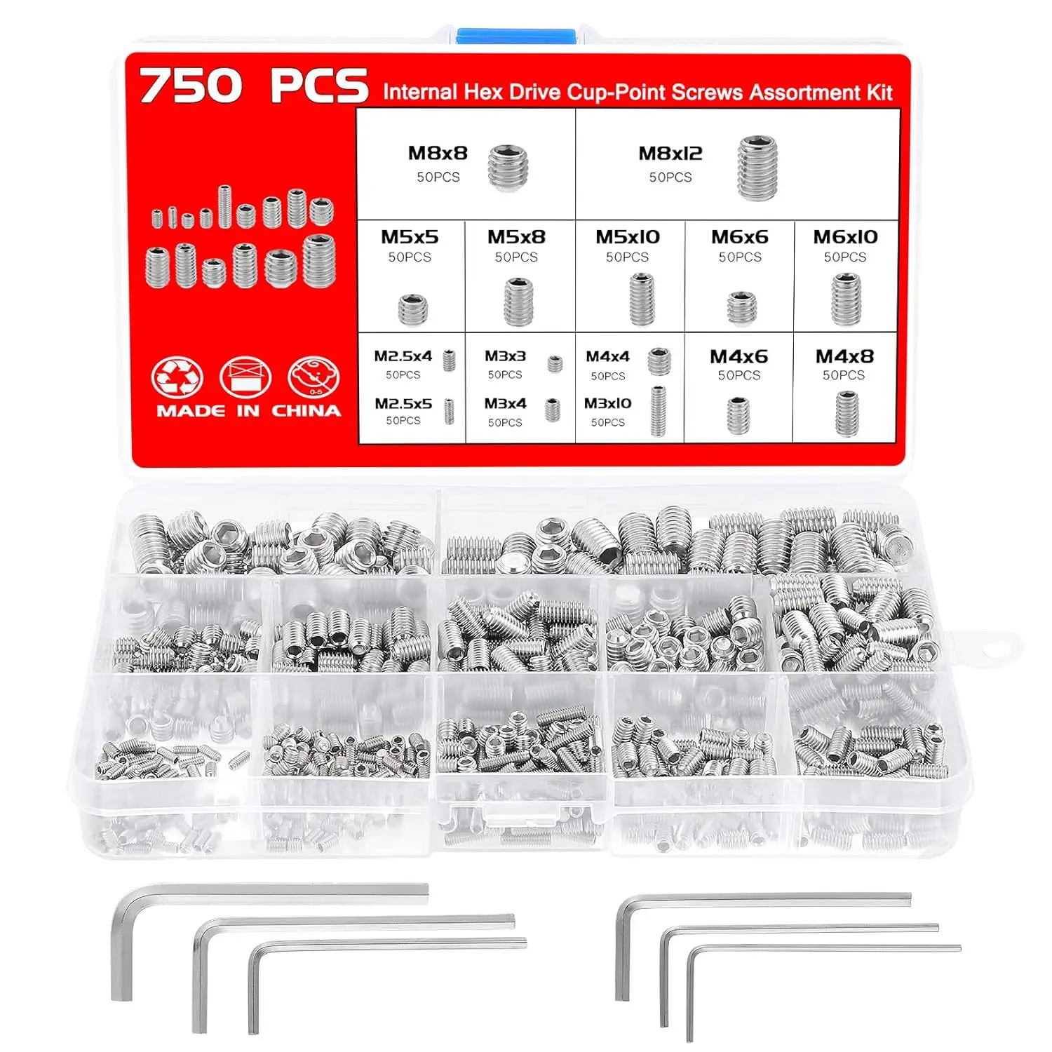 750Pcs Set, 304 Stainless Steel Silver & 12.9 Grade Carbon Steel Black Socket Set Screws, Cup Point Grub Screws