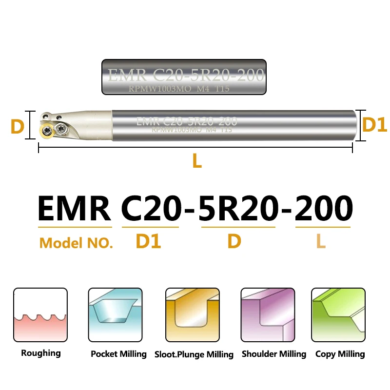 XCAN EMR End Mill Arbor EMRC12 C15 C16 C19 C20 EMRWC12 Round Nose Milling Cutter 10pcs RPMT RPMW Carbide Insert Turning Tool