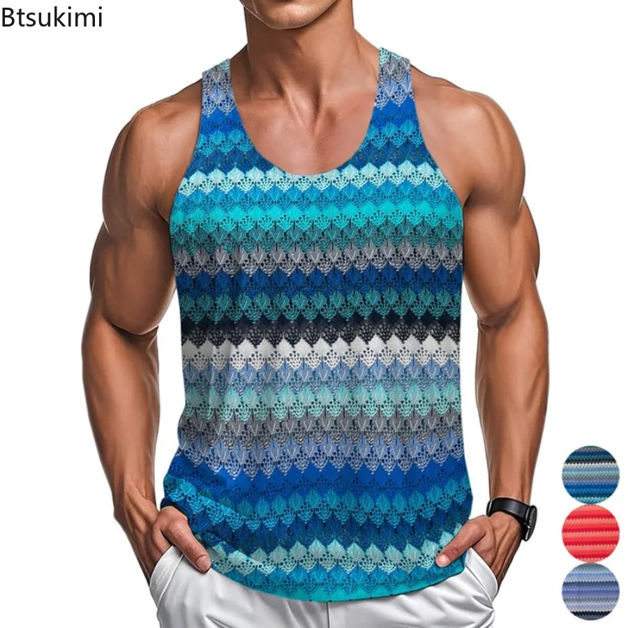

New 2025 Men's Summer Thin Style Tank Top Bodybulding Fashion Sleeveless Print Vest for Men Hollow Out Breathable Stripe Vest