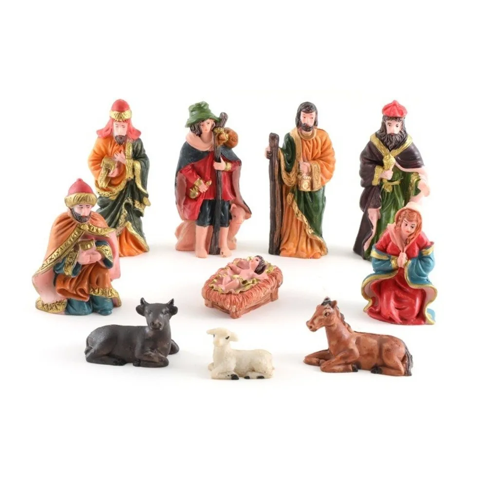 10Pcs/Set Resin Material Nativity Stable Ornaments Vintage Hand Drawn Design Christmas Manger Scene Tabletop Display