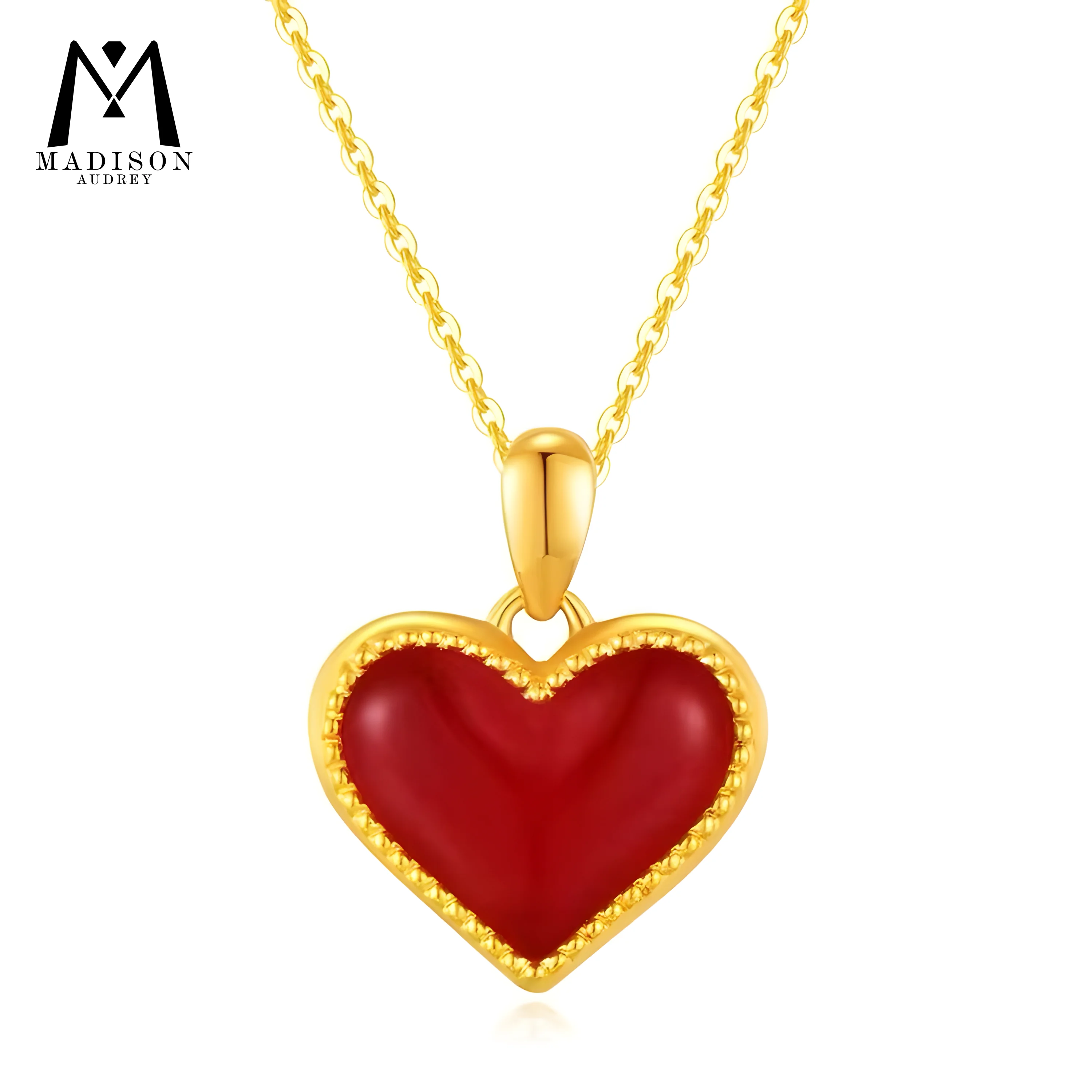 Heart Pendant 18K Genuine Gold Red Agate Double-sided Heart Love Pendant with Silver Chain Jewelry for women Anniversary gift