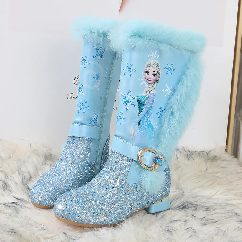 Disney Frozen Girls\' Snow Knee-Length Boots Winter Warm Girl Boots Princess Elsa Pink Blue Shoes Plush Fur Boots Size 26-36