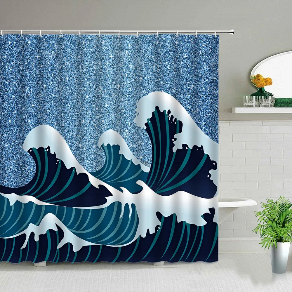 Sea Wave Pattern Cartoons Scenery Shower Curtain Set Modern Bathroom Decor Screen Waterproof Fabric Hanging Curtains With Hooks