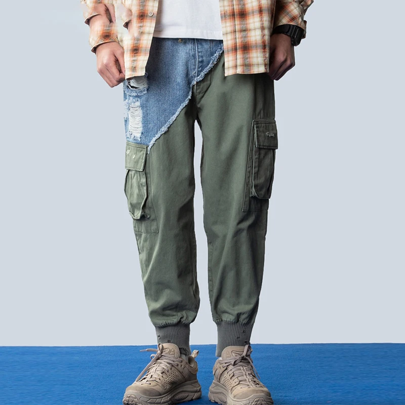 

Niche Patchwork Style Heavy Industry Washing Denim Spliced European American Men's High Street Pocket Overalls