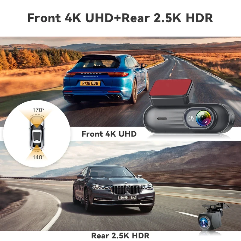 Kocam WiFi Dash Cam 4K Front Car Camera DVR Night Vision Video Recorder 2.5K Rear View Camera GPS 24H Rear View Camera Optional