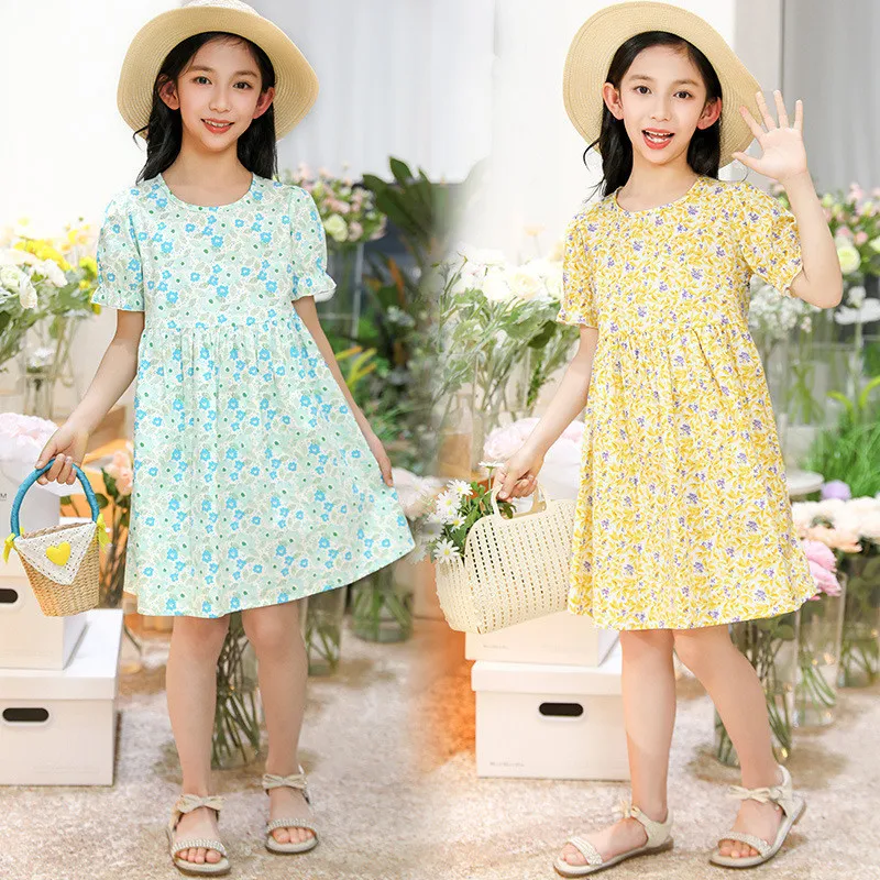 

Summer Dress for Girls Kids 5-14Years Cotton Floral Printed Short Sleeve One Piece Pullover Dress Princess Big Child Clothes