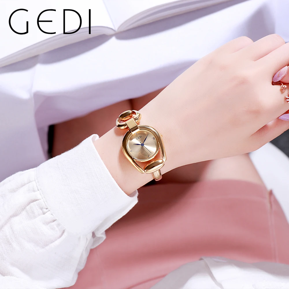 GEDI Luxury Golden Steel Chain Strap Women\'s Quartz Bracelet Watch Small Dial Diamond Minimalist Waterproof Ladies Wristwatch