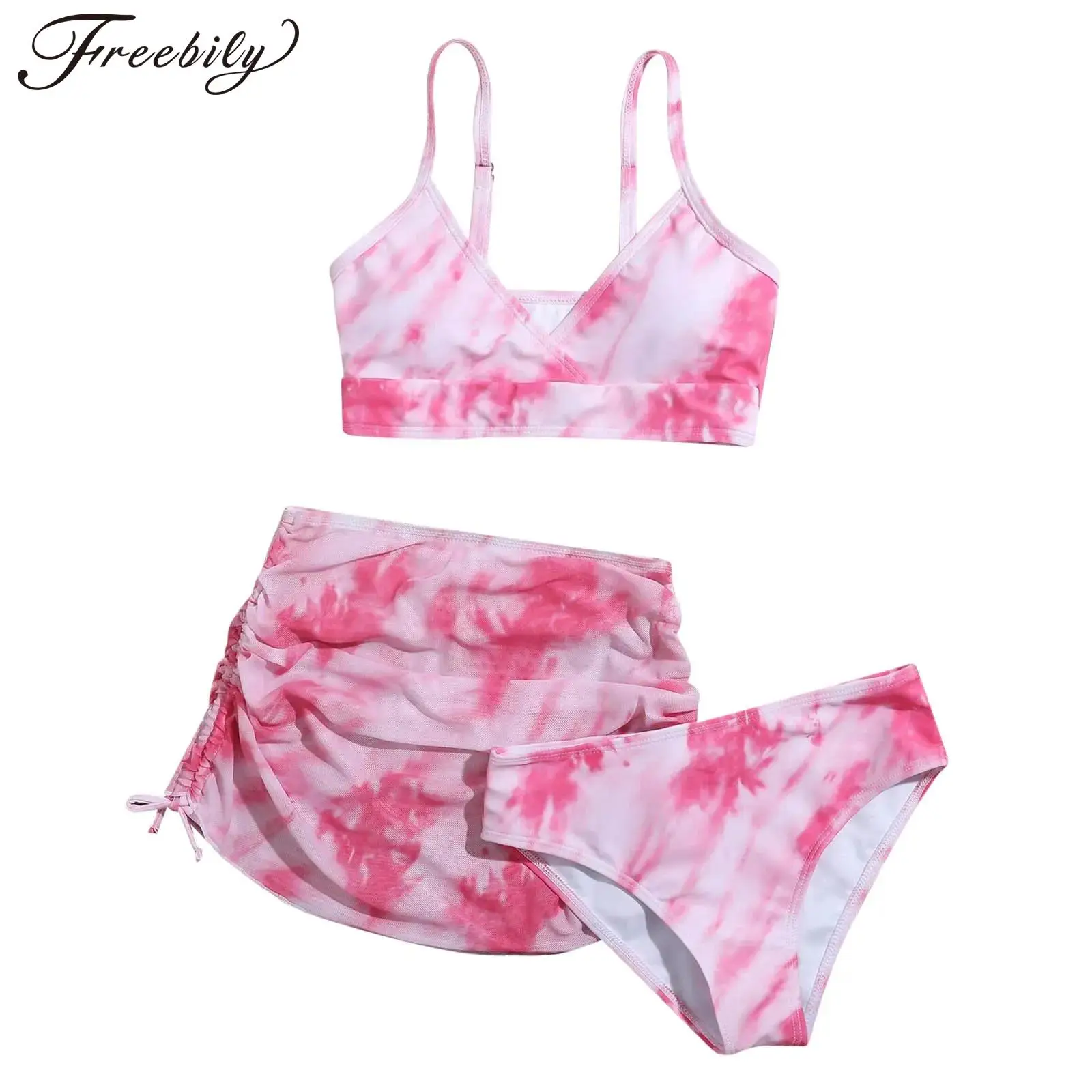 Kids Girls 3Pcs Dye Print Bikini Swimsuit Swim Cami Tops Cover Up + Skirt Briefs Swimwear Bathing Suit Beachwear for Pool Party