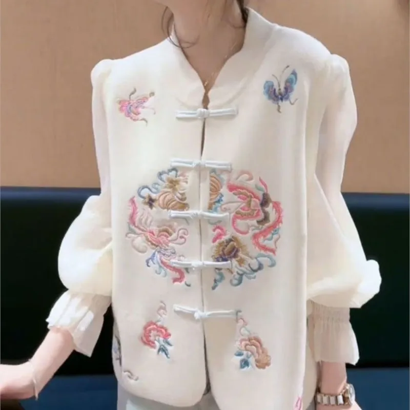 Pregnant Women's Chinese Style Pan Button Stand up Collar Shirt Maternity 2025 Spring Improved Tang style Embroidered Top LH126