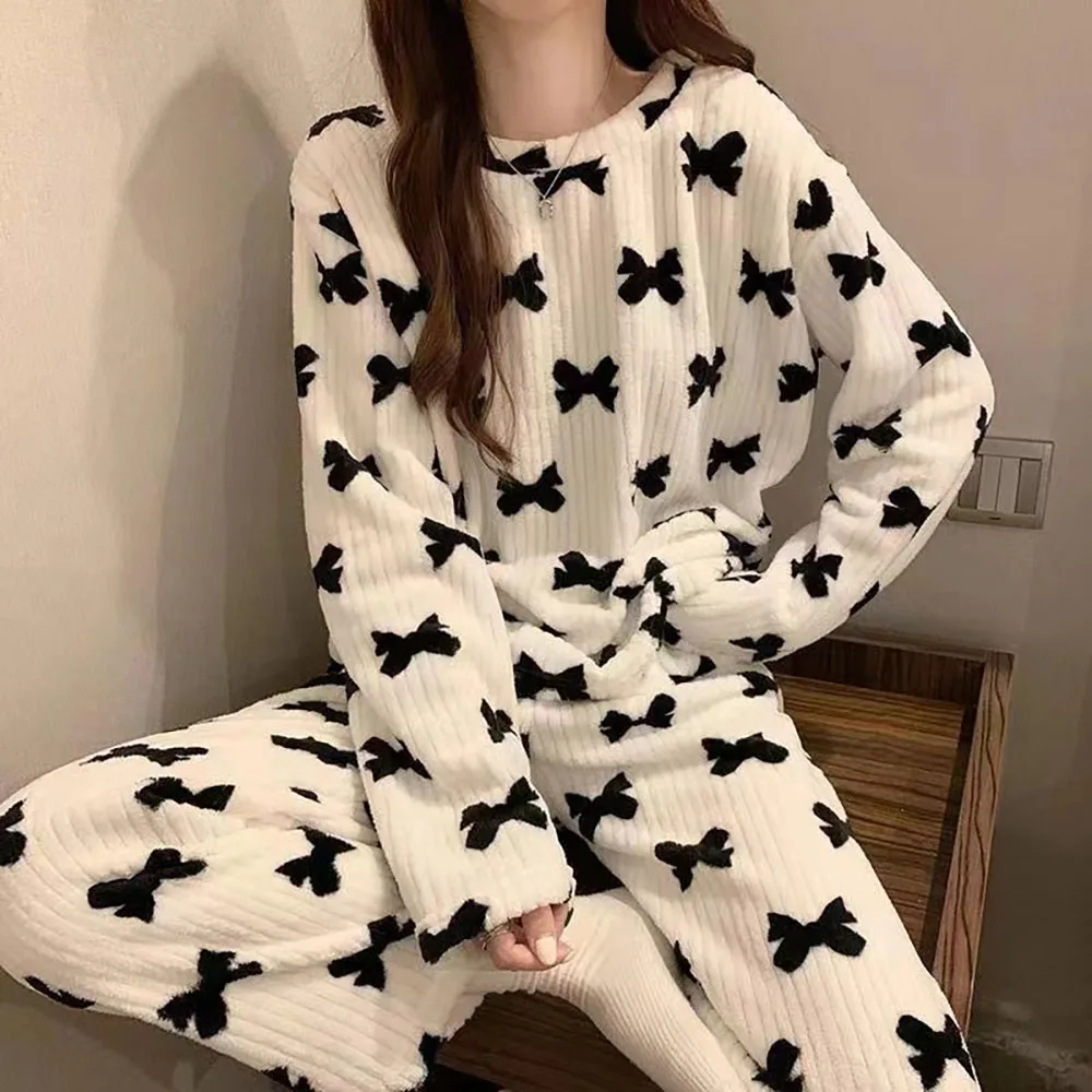 Autumn Winter Bow Print Thermal Pajama Set For Women Casual Plus-size Coral Velvet Home Nightgown Loose Soft Ladies Sleepwear