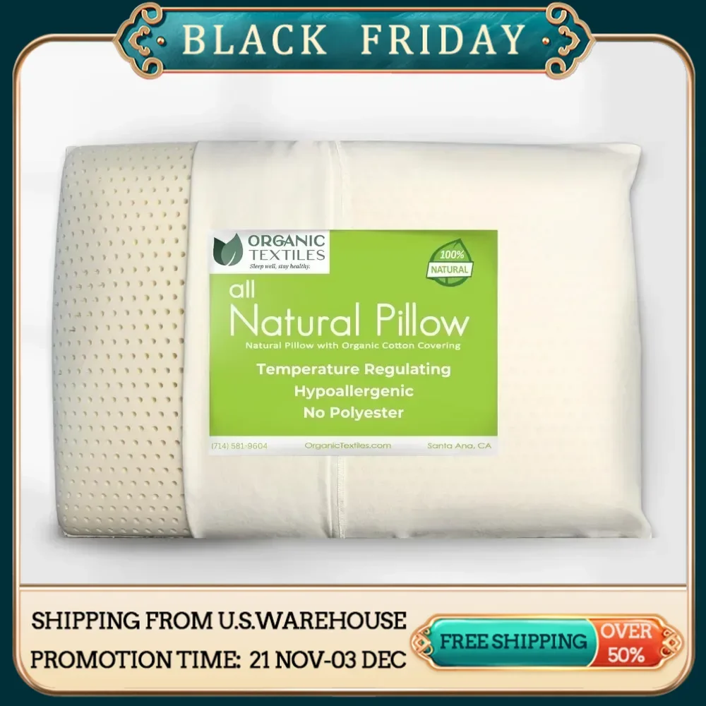 Natural Latex Pillow with Organic Cotton Cover, Queen Size, Soft, GOTS Certified, Pressure Relief, Neck Pain Relief, Bed Pillow