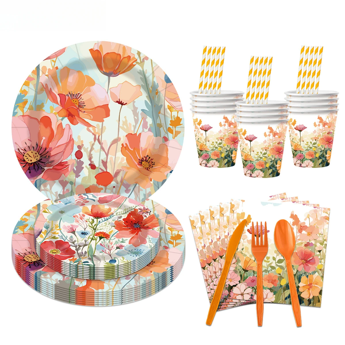 240 Stück Frühlingsblumen Kurkuma Blumen Blumenthema Partys Pappteller Pappbecher Messer Gabeln Löffel Einweggeschirr