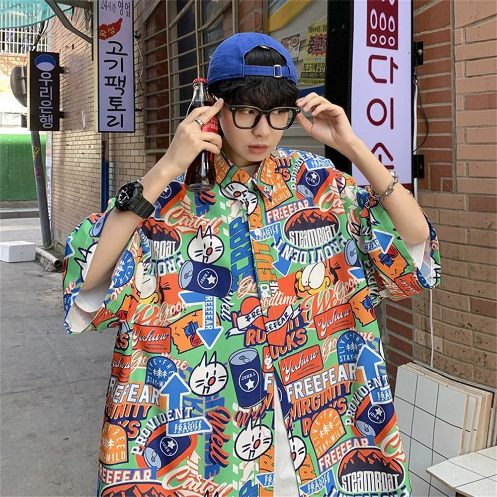 Casual short sleeve flower shirt boys summer ins fashion brand plankton handsome American hiphop coat high street short sleeve