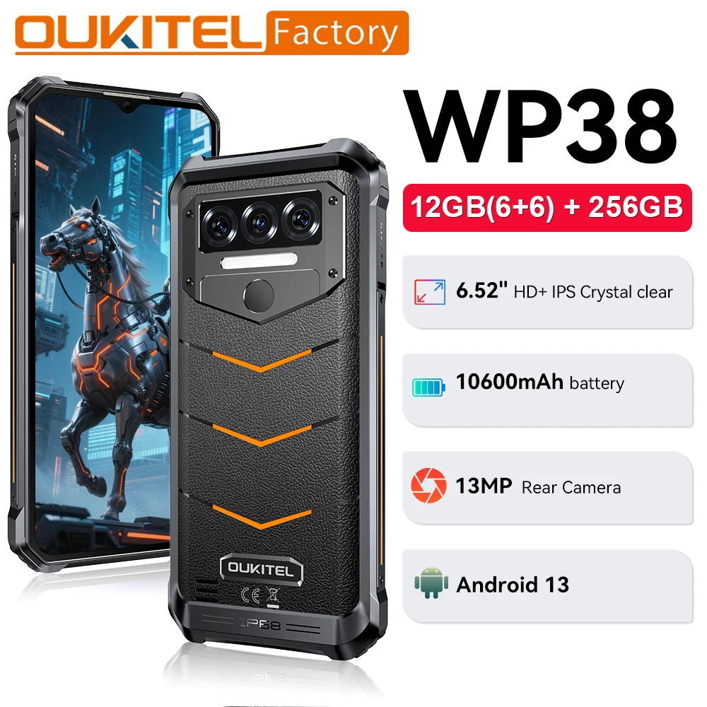 Глобальная версия защищенного телефона Oukitel WP38 с 6,52-дюймовым HD+ дисплеем, восьмиядерным процессором, 12 ГБ оперативной памяти + 256 ГБ встроенной памяти, аккумулятором 110600 мАч, Android 13, NFC.
