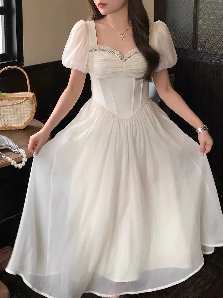White Fairycore Princess Dresses Women Puff Sleeve Diamonds Midi Vintage Chiffon A-line Birthday Party Holiday Ins Temperament