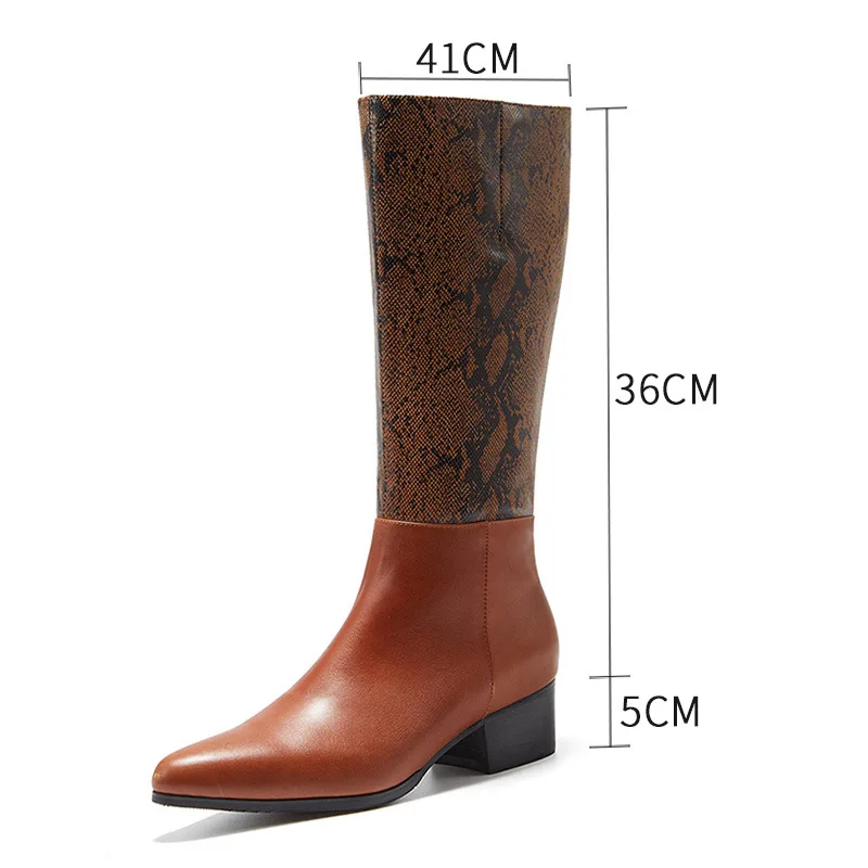 Knee High Men Boots with Heels Autumn Luxury Genuine Leather Fashion Snake Pattern Winter Warm Shoes for Male Brown Boots Zipper