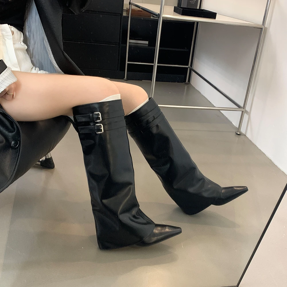 Szpiczaste noski damskie buty zimowe buty na koturnie z wysokim obcasem pasek klamra czarny brązowa skóra PU Chelsea Botas moda sukienka buty