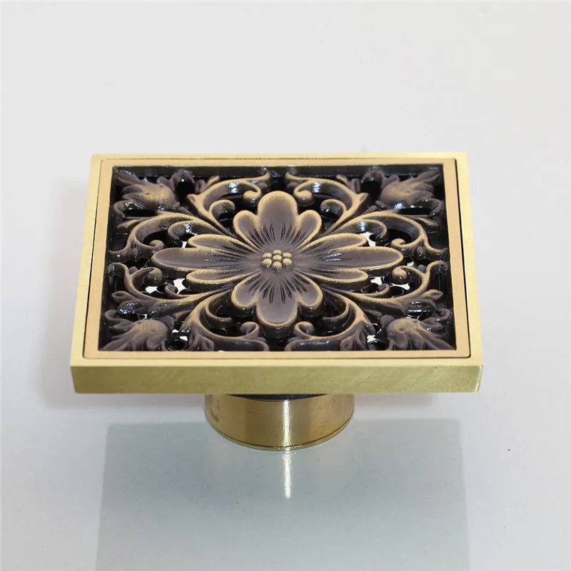 KEMAIDI 10cm Floor Drains Antique Brass Shower Floor Drain Bathroom Deodorant Euro Square Floor Drain Strainer Cover Grate Waste