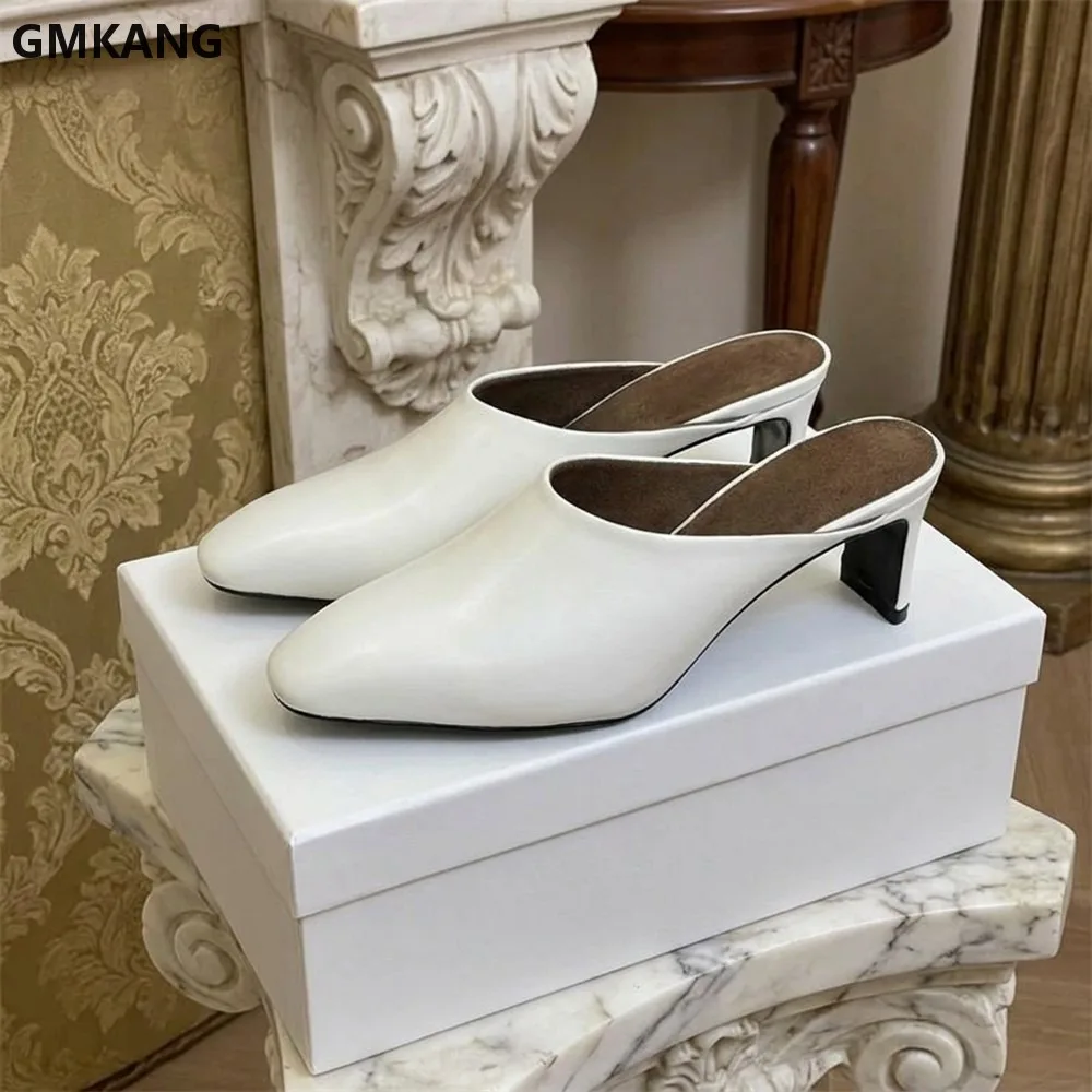 GMKANG Women Genuine Leather Square Heel Mules Round Toe Retro Slippers Comfortable Slip On Casual Sandals Concise Chic
