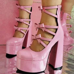 New Butterfly Big Size 36-47 Women Sandals Buckle Thick High Heels15cm Female Shoes Patent Leather  Pink Black High Heels