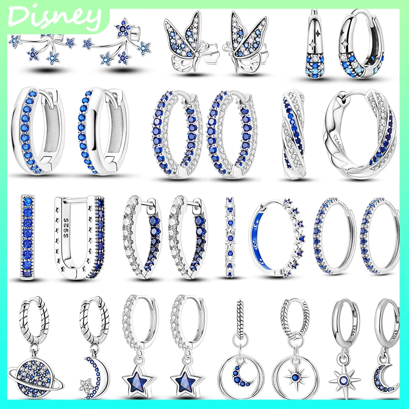 

2025 S925 Sterling Silver Dark Blue Moon & Star Earrings Original Bright Blue Zircon Round Hoop Earrings