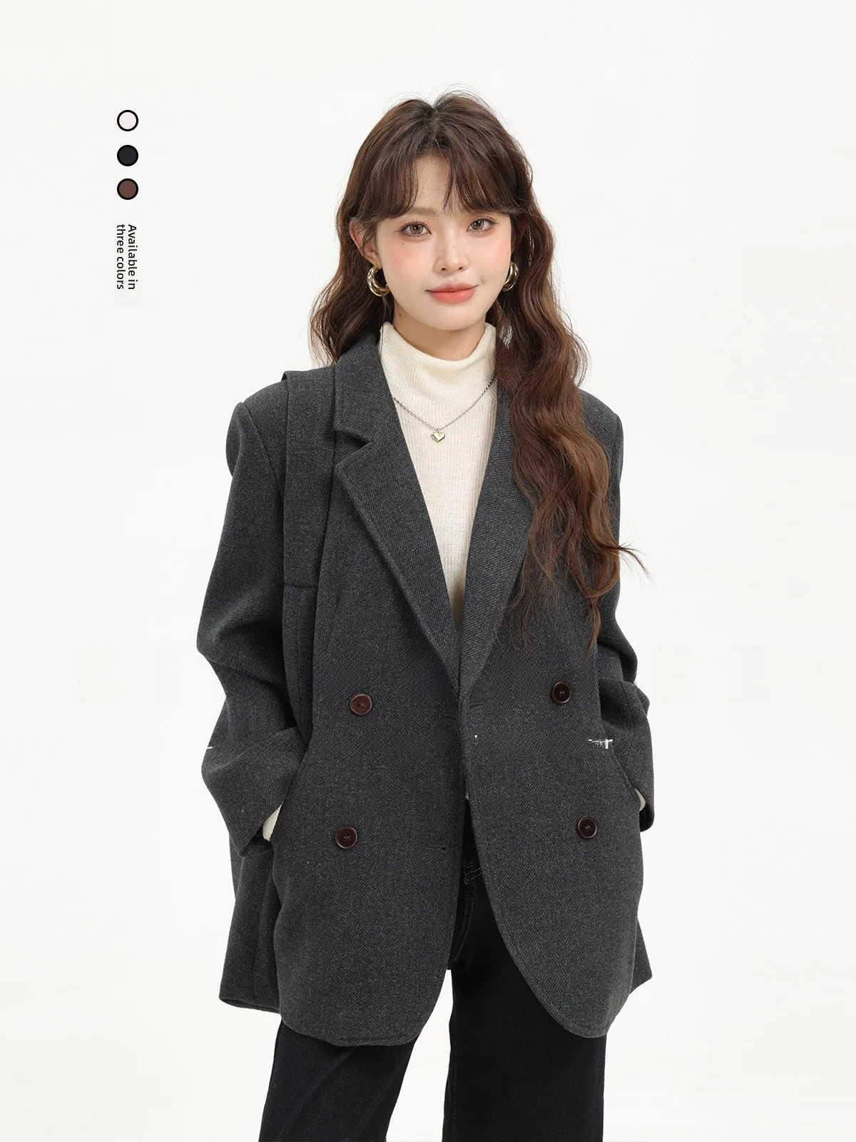 

Ele ey Шерстяной костюм Jaet Casual Винтаж Осень Зима Faionable Xinmon Commute Sle Thiened Long Sve Double Bu...