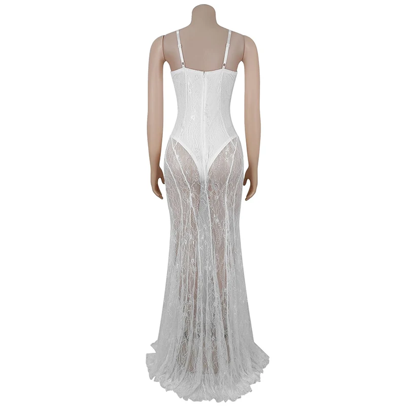 Kricesseen 新しいシックなシアーレーススパゲッティストラップストラップ付きロングマキシドレスグラムシースルー高級誕生日ドレスクリスマス衣装