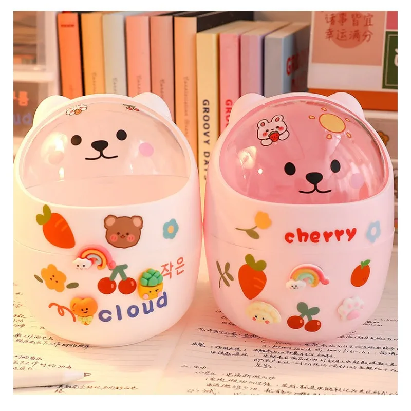 Desktop Mini Trash Can Organizer Kawaii Pencil Holder Cute Cartoon Student Desk Garbage Can Storage Bin with Lid Storage Box