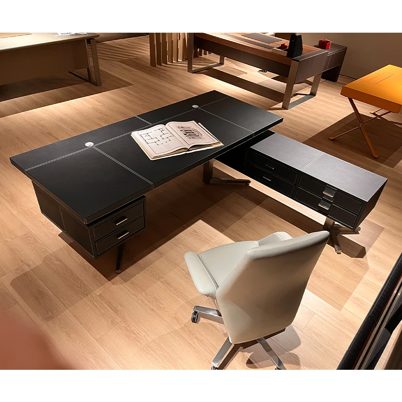 Minimalist desk, modern study, light luxury, home black saddle leather