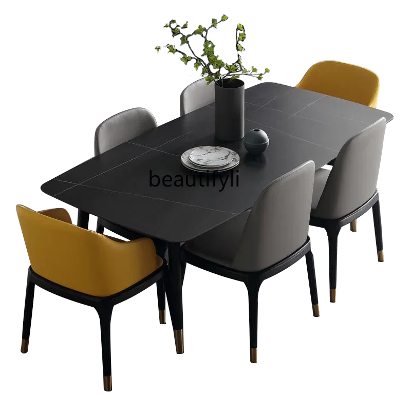 Italian Minimalist Stone Plate Mild Luxury Marble Dining Tables and Chairs Set Nordic Small Apartment Dining-Table Chair