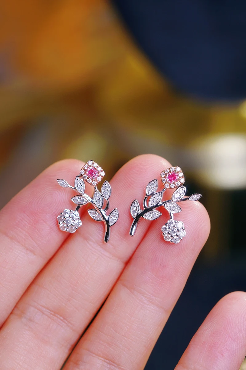 KUGG 100% 18K White Gold Earrings Elegant Plant Shape Real Natura Pink Diamond Earrings for Women Gentle Style Wedding Jewelry