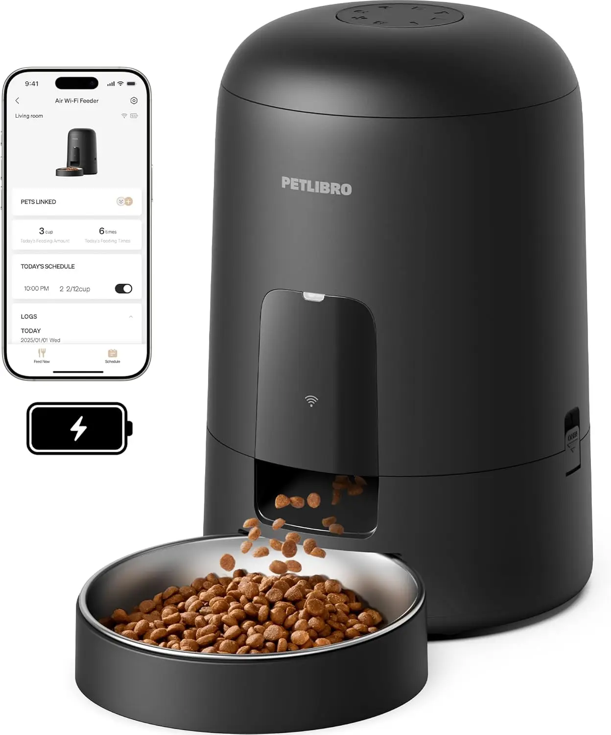 

Automatic Pet Feeder with Wi-Fi, Rechargeable Battery, 30-Day Life, 2L Capacity for Cats and Dogs