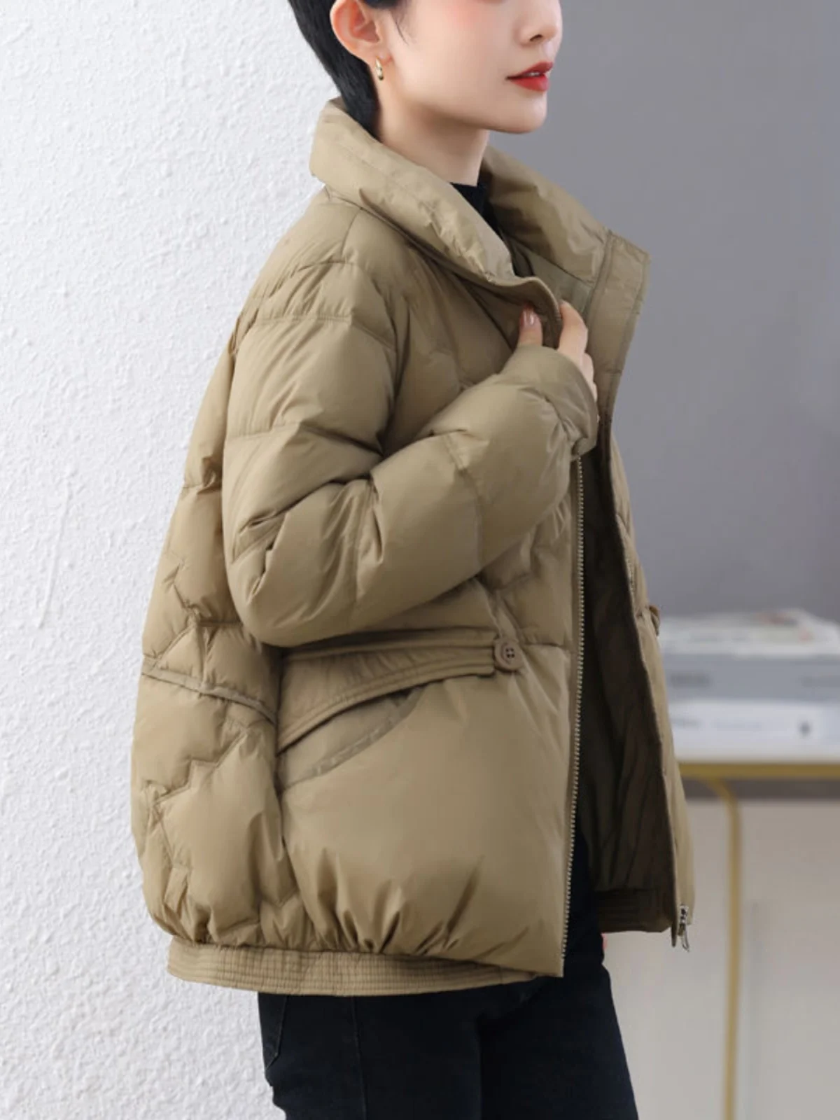 

Women's High Collar down Jaet White Du Feather Casual Sle Windproof Pure Color ort Coat Korean Version Winter Coat